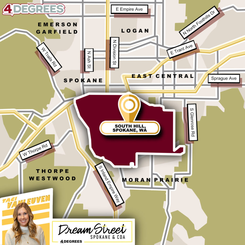 A custom map infographics for the South Hill, Spokane, WA Community Guide